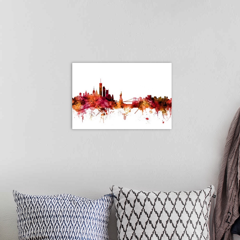 A bohemian room featuring Watercolor art print of the skyline of the City of New York, New York, United States
