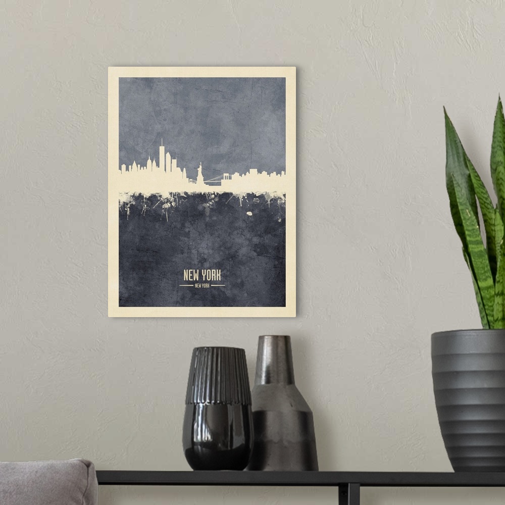 A modern room featuring Watercolor art print of the skyline of the City of New York, New York, United States.