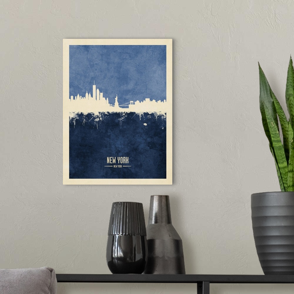 A modern room featuring Watercolor art print of the skyline of the City of New York, New York, United States