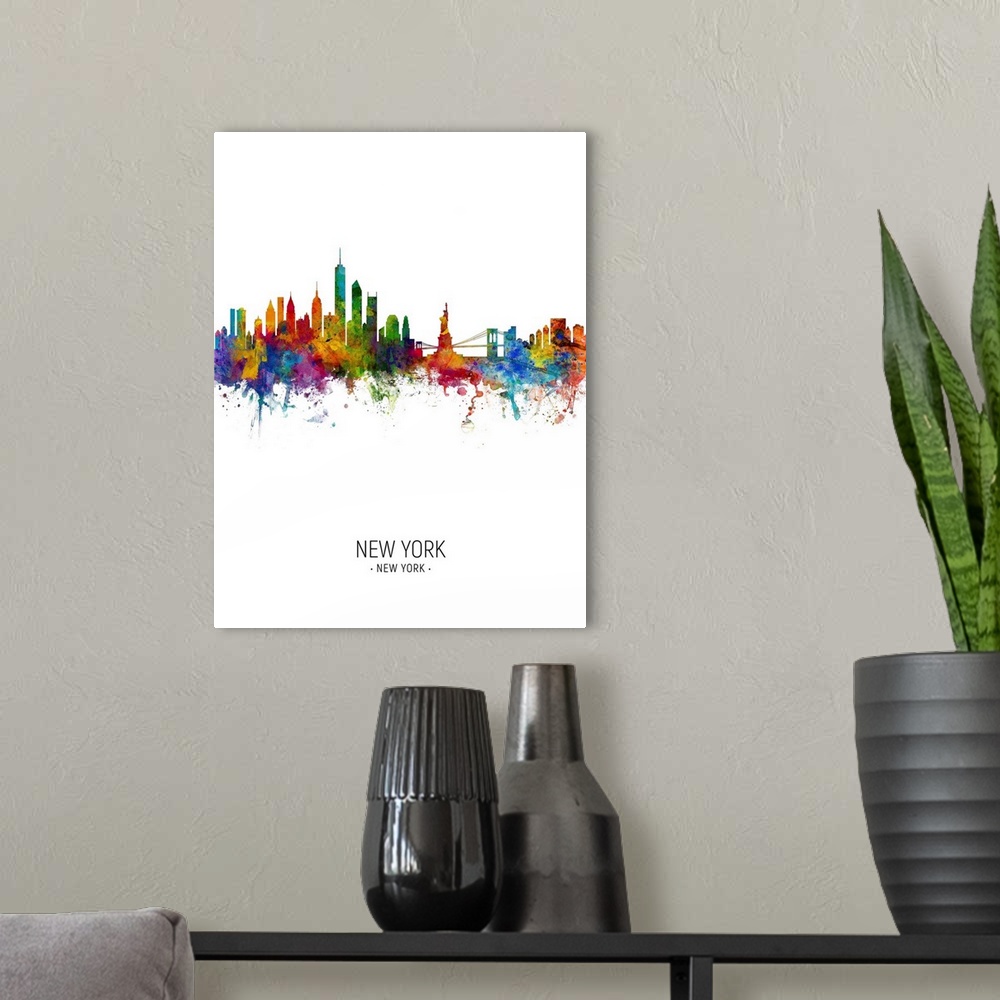 A modern room featuring Watercolor art print of the skyline of the City of New York, New York, United States