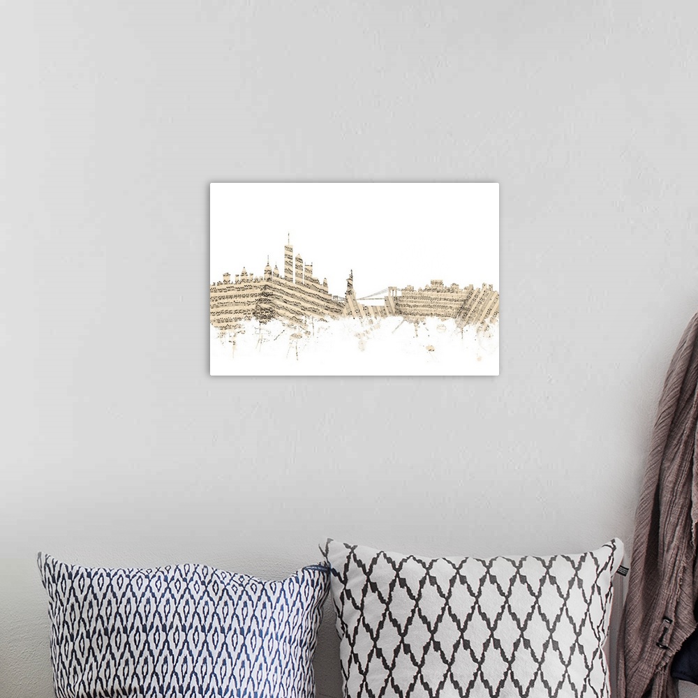 A bohemian room featuring New York skyline made of sheet music against a white background.