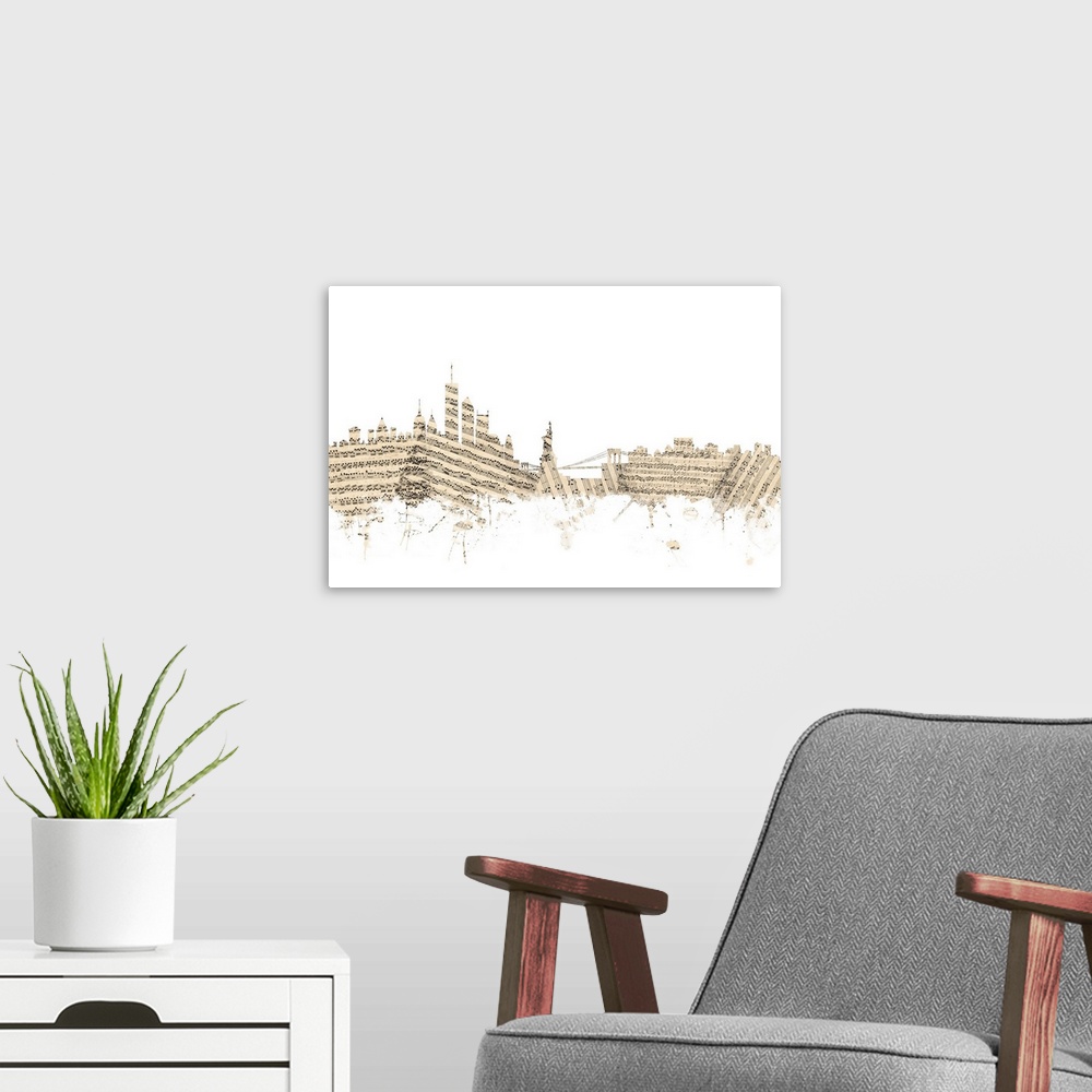 A modern room featuring New York skyline made of sheet music against a white background.