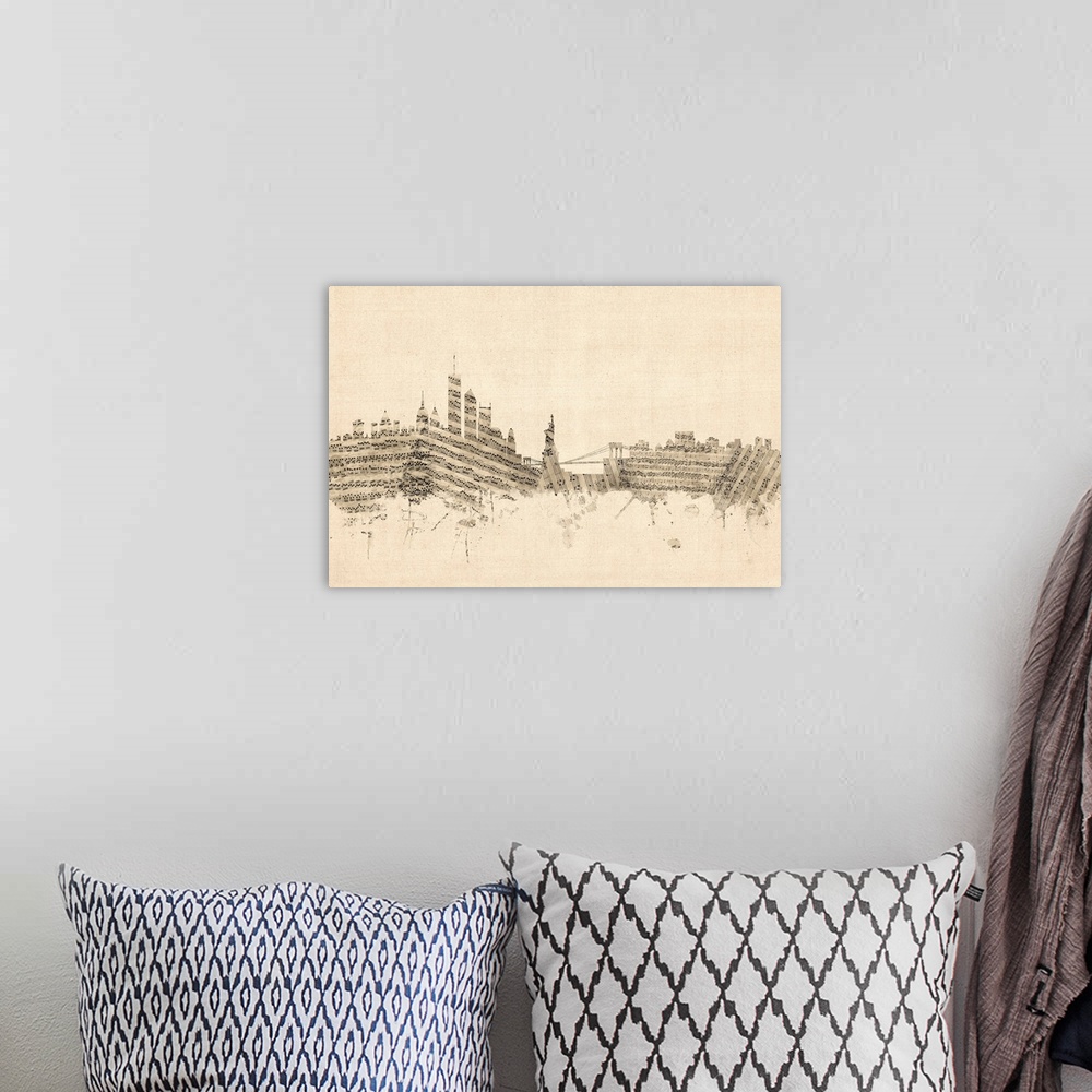 A bohemian room featuring New York skyline made of sheet music against a weathered beige background.