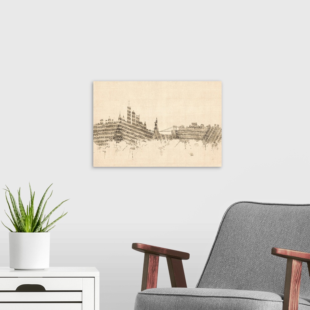 A modern room featuring New York skyline made of sheet music against a weathered beige background.