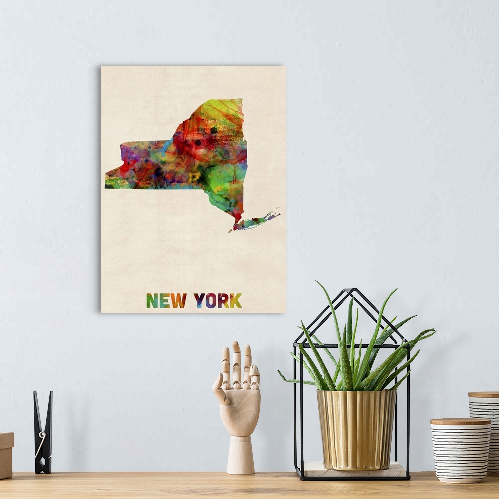 A bohemian room featuring Contemporary piece of artwork of a map of New York made up of watercolor splashes.