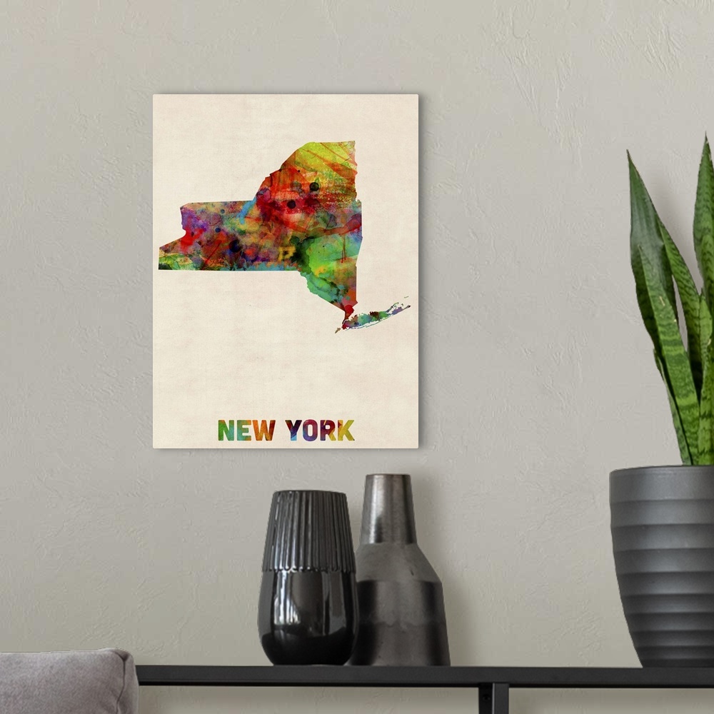 A modern room featuring Contemporary piece of artwork of a map of New York made up of watercolor splashes.