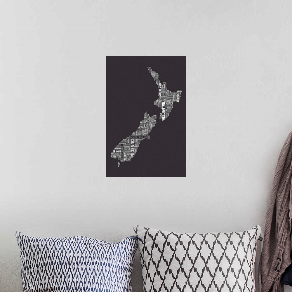 A bohemian room featuring New Zealand Cities Text Map, Grey