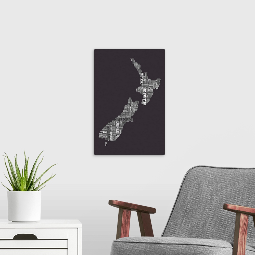 A modern room featuring New Zealand Cities Text Map, Grey