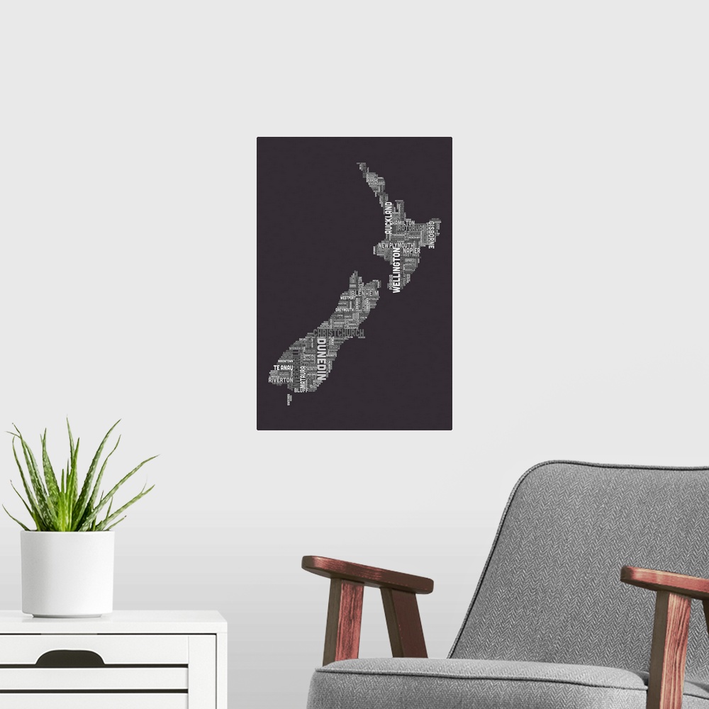 A modern room featuring New Zealand Cities Text Map, Grey