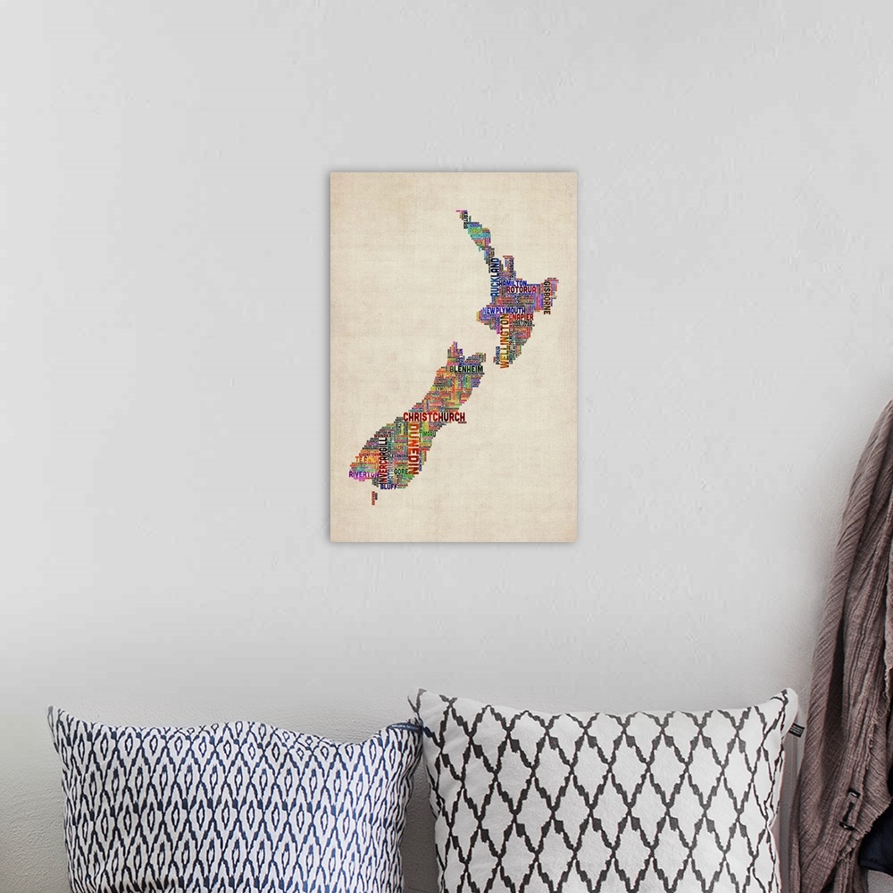 A bohemian room featuring New Zealand Cities Text Map, Multicolor on Parchment