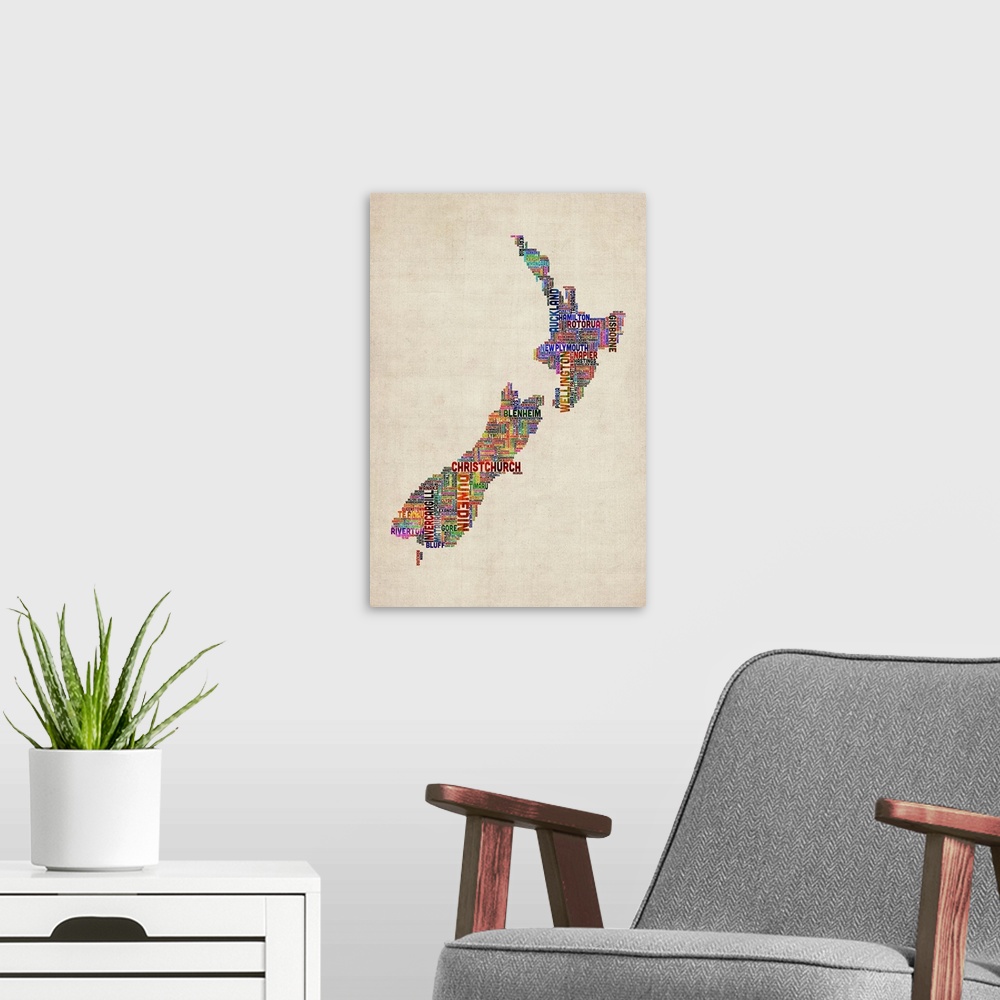 A modern room featuring New Zealand Cities Text Map, Multicolor on Parchment