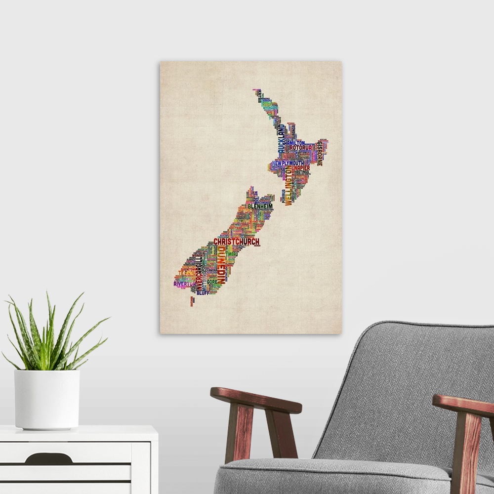 A modern room featuring New Zealand Cities Text Map, Multicolor on Parchment