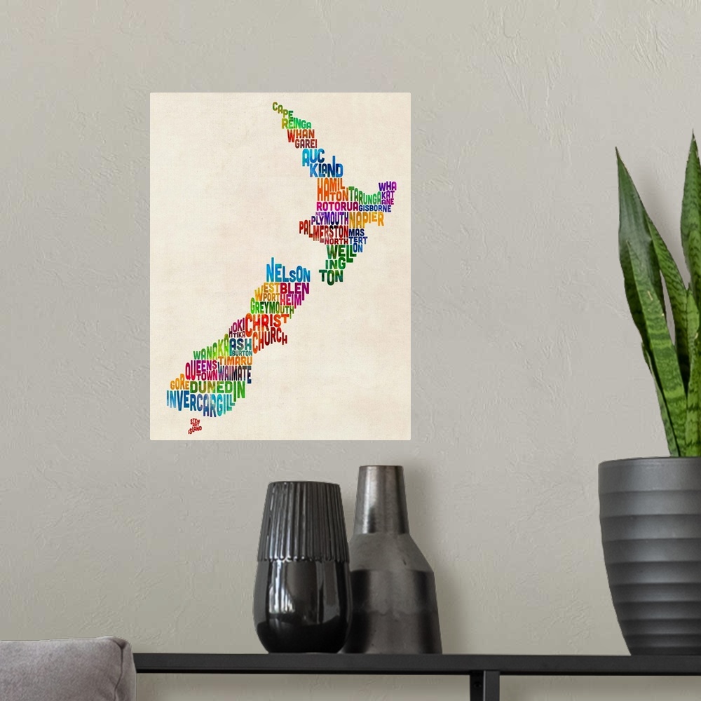 A modern room featuring Contemporary typography art map of New Zealand.