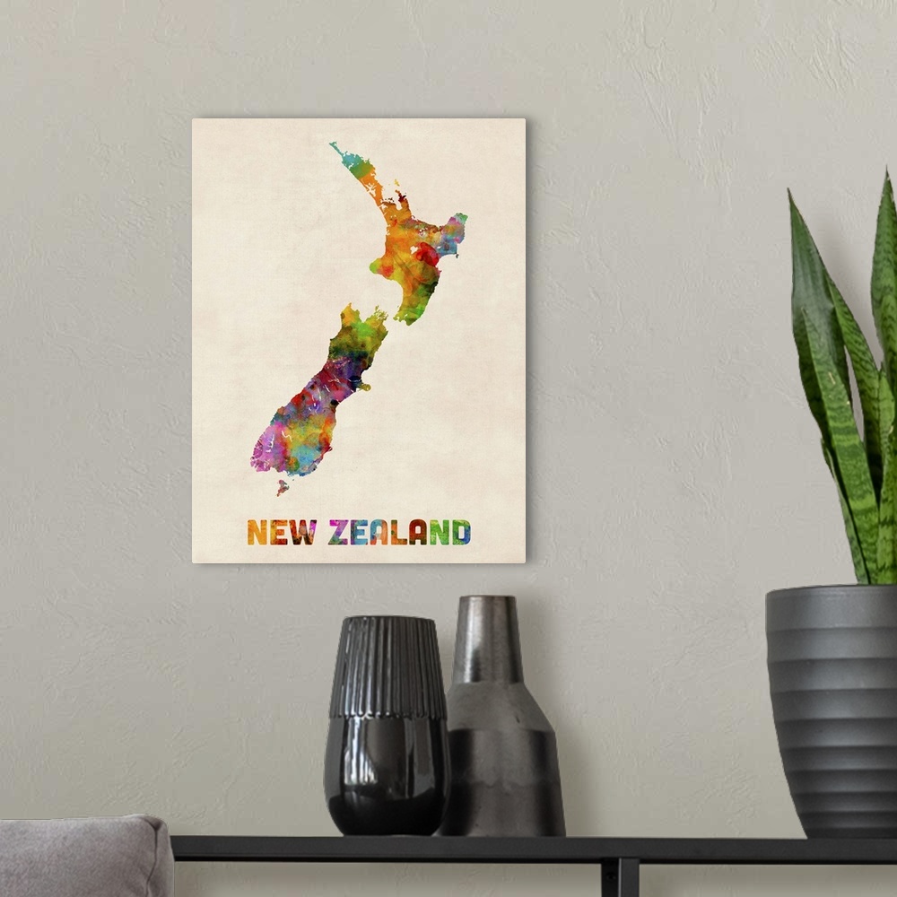 A modern room featuring New Zealand Watercolor Map