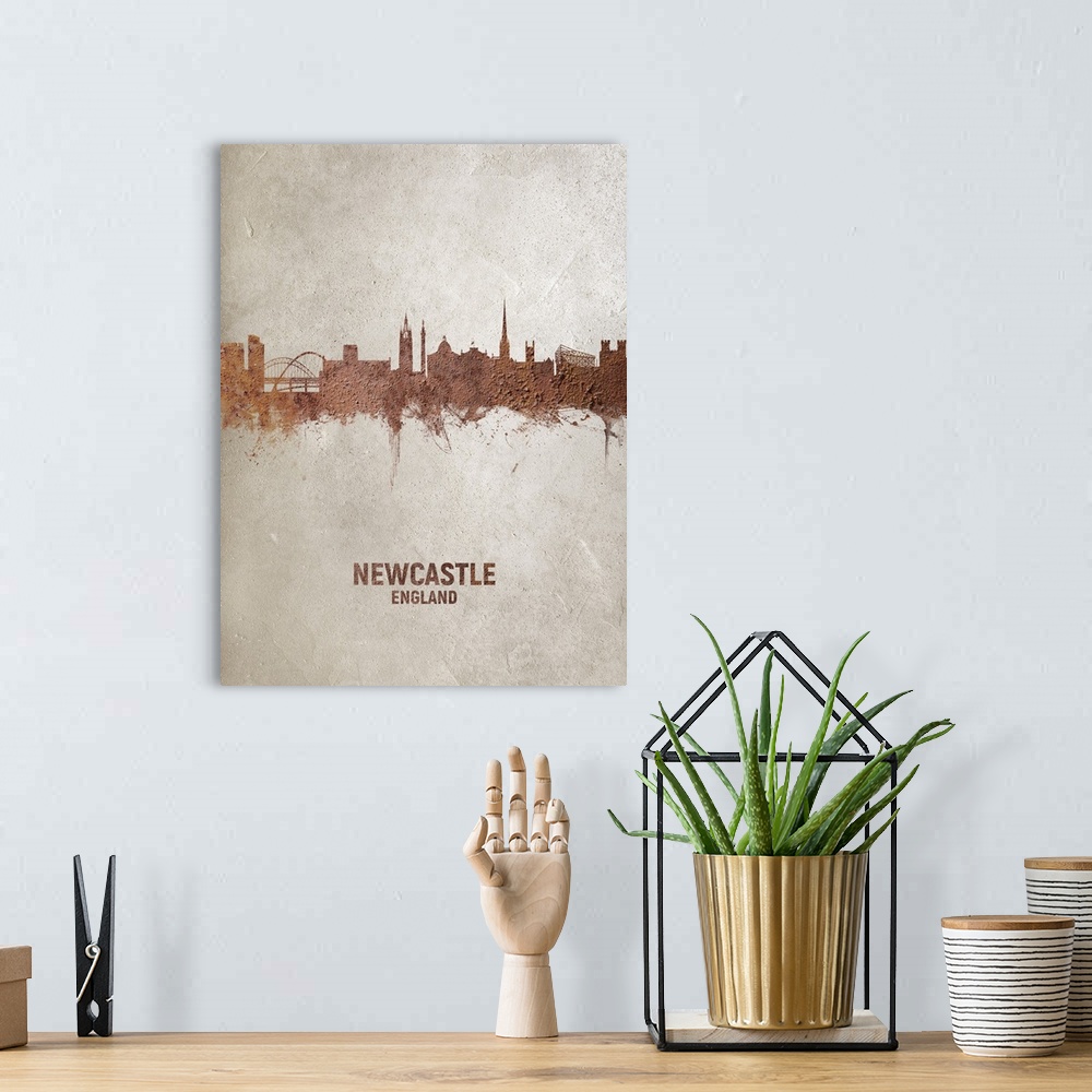 A bohemian room featuring Art print of the skyline of Newcastle, England, United Kingdom. Rust on concrete.