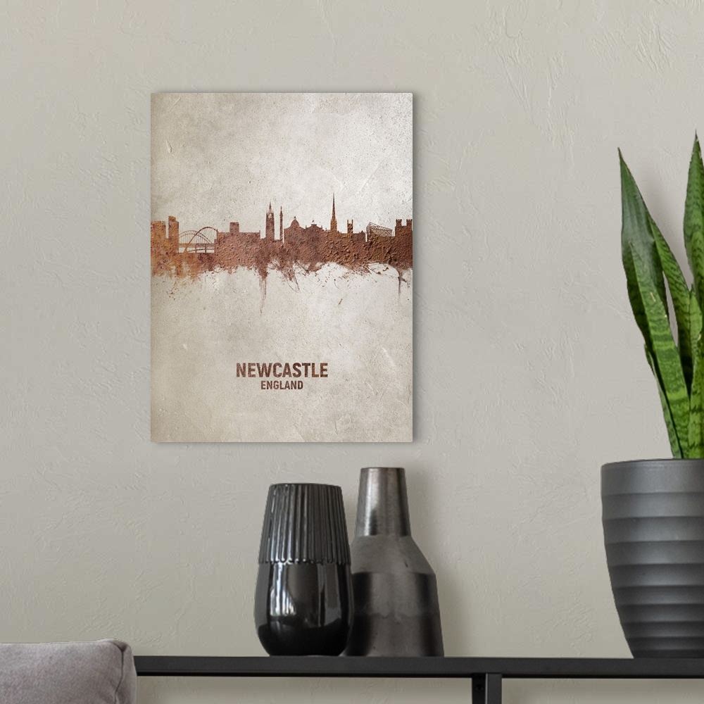 A modern room featuring Art print of the skyline of Newcastle, England, United Kingdom. Rust on concrete.