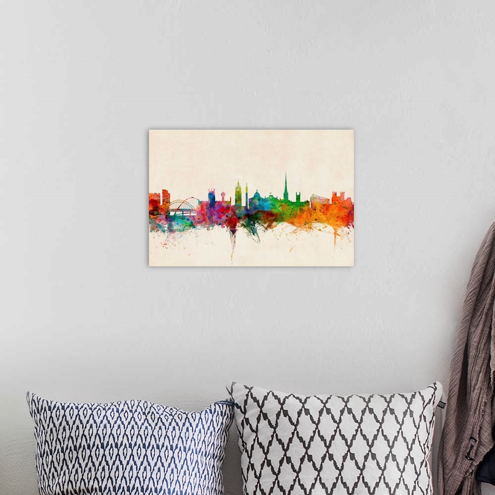 A bohemian room featuring Contemporary piece of artwork of the Newcastle skyline made of colorful paint splashes.