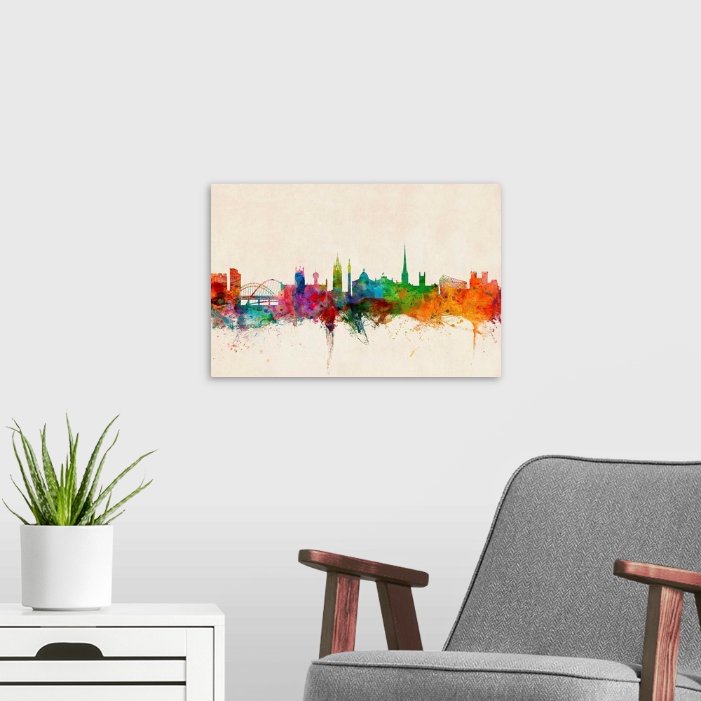 A modern room featuring Contemporary piece of artwork of the Newcastle skyline made of colorful paint splashes.