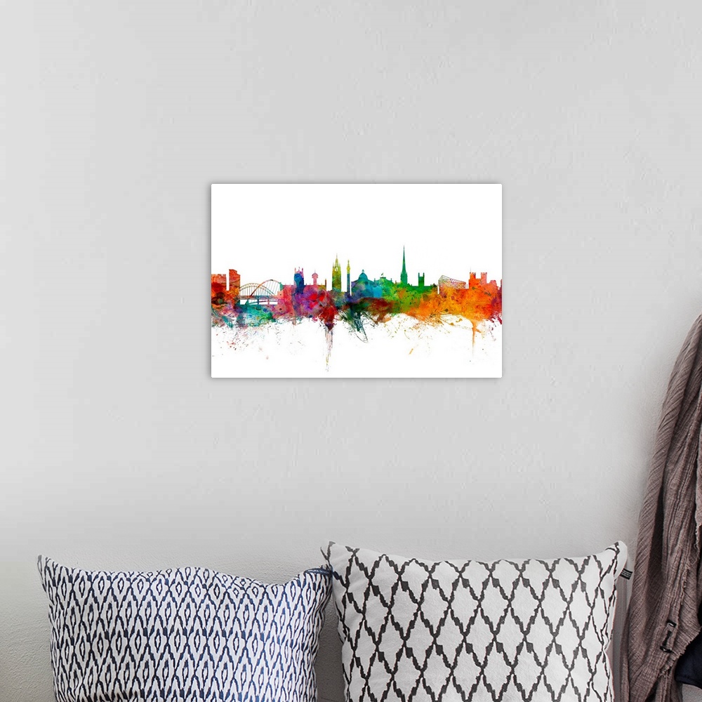A bohemian room featuring Contemporary piece of artwork of the Newcastle skyline made of colorful paint splashes.
