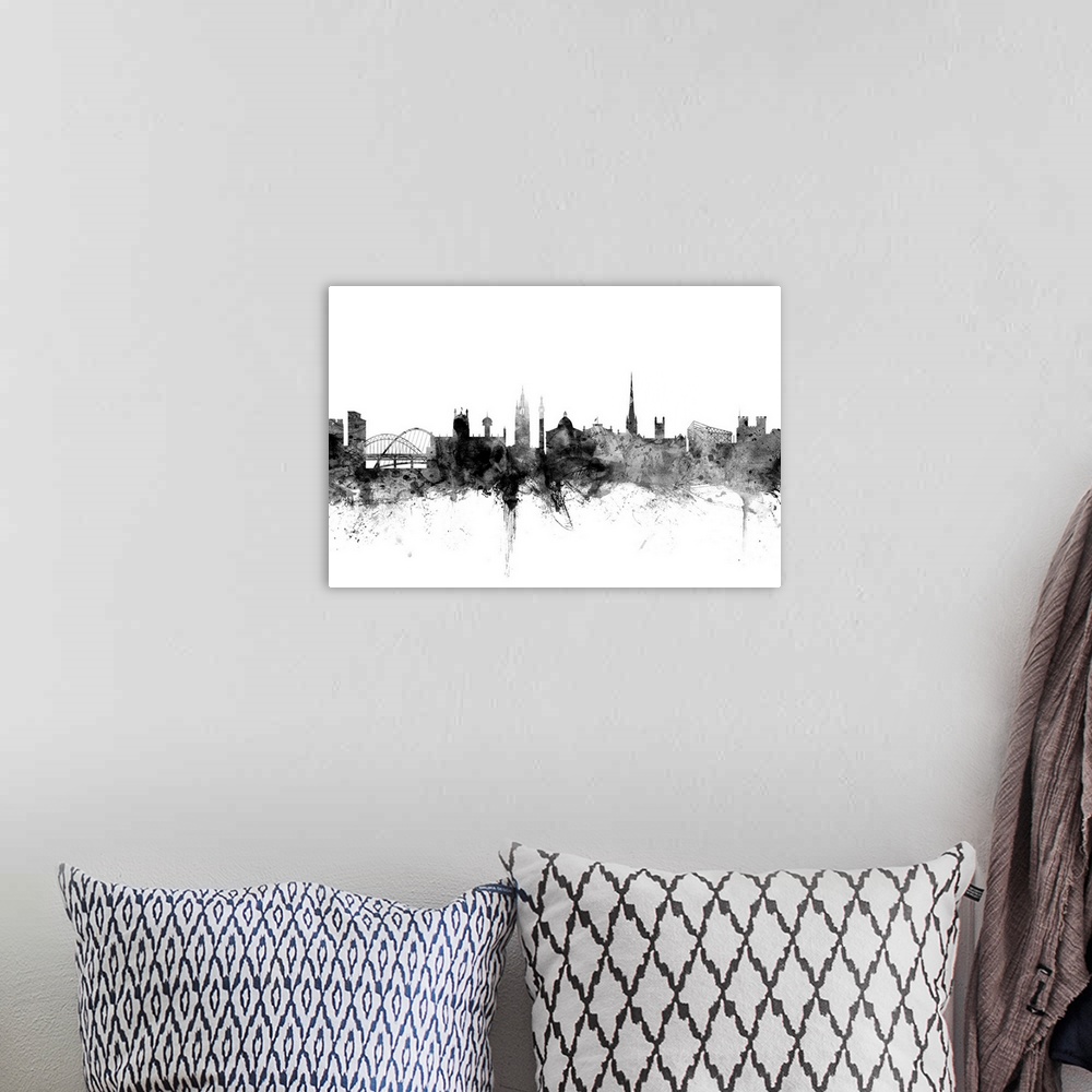 A bohemian room featuring Contemporary artwork of the Newcastle city skyline in black watercolor paint splashes.