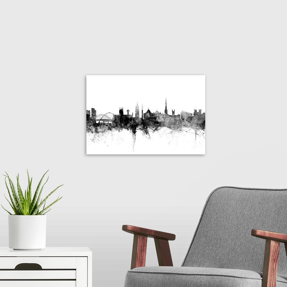 A modern room featuring Contemporary artwork of the Newcastle city skyline in black watercolor paint splashes.