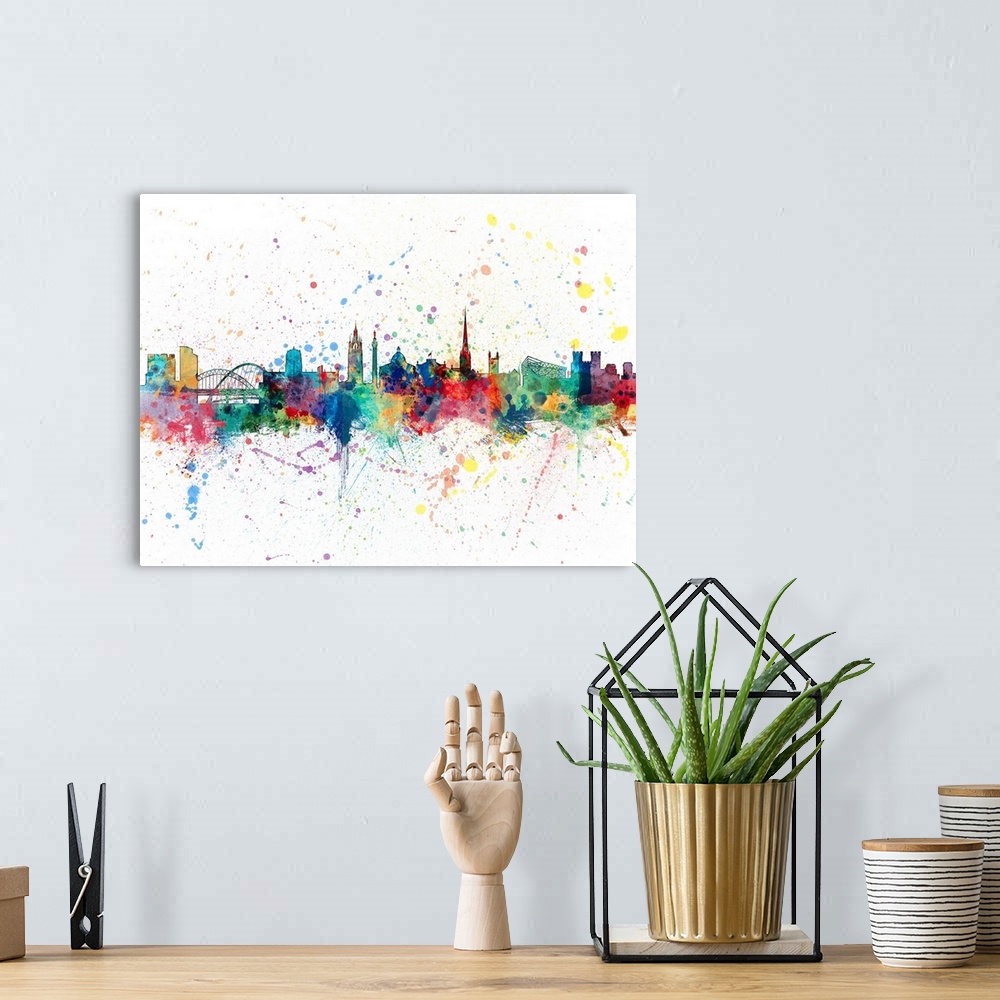 A bohemian room featuring Watercolor art print of the skyline of Newcastle, England, United Kingdom.