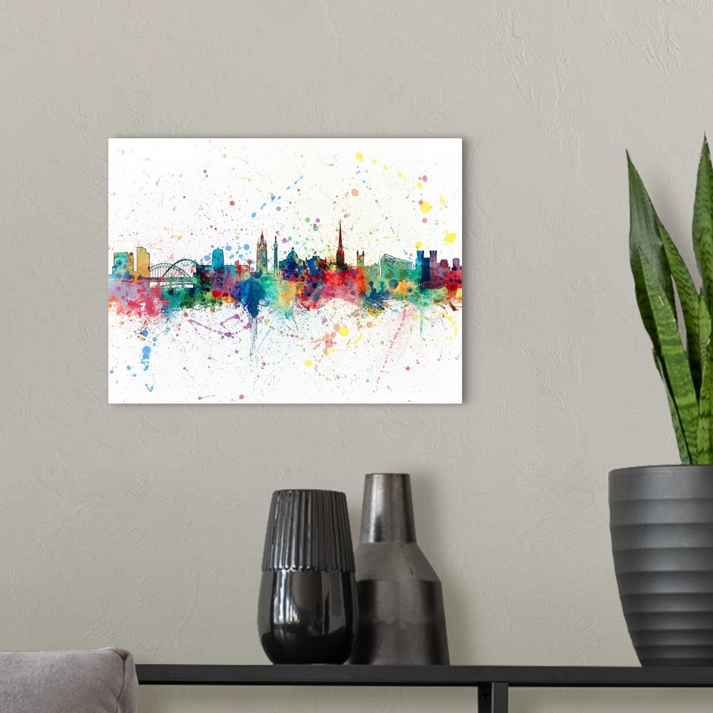 A modern room featuring Watercolor art print of the skyline of Newcastle, England, United Kingdom.