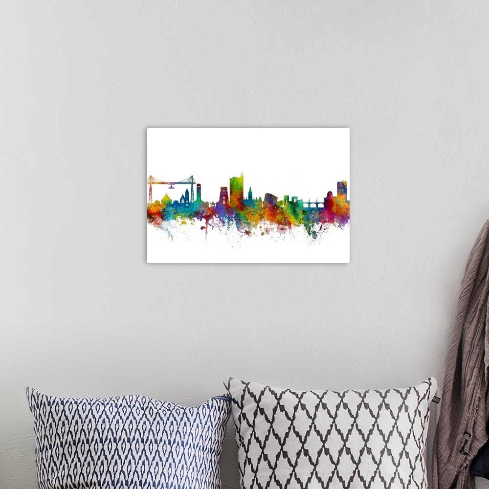 A bohemian room featuring Watercolor art print of the skyline of Newport, Wales, United Kingdom.