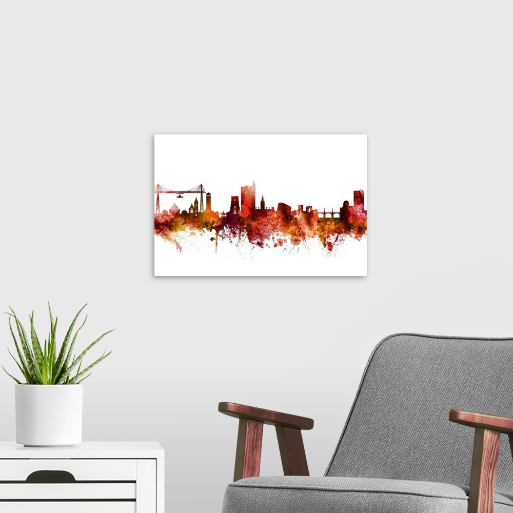 A modern room featuring Watercolor art print of the skyline of Newport, Wales, United Kingdom.