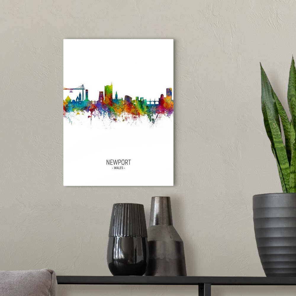 A modern room featuring Watercolor art print of the skyline of Newport, Wales, United Kingdom