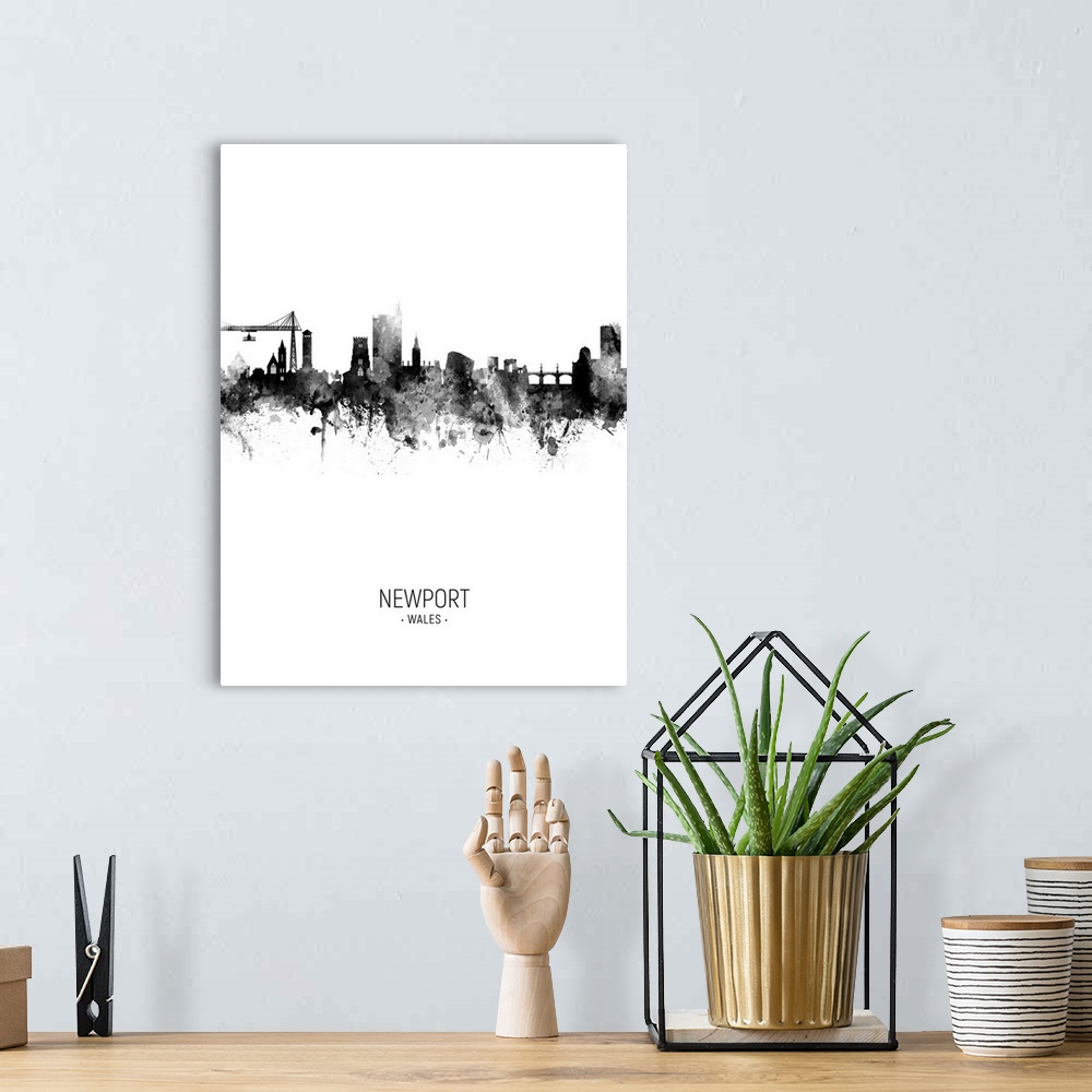 A bohemian room featuring Watercolor art print of the skyline of Newport, Wales, United Kingdom