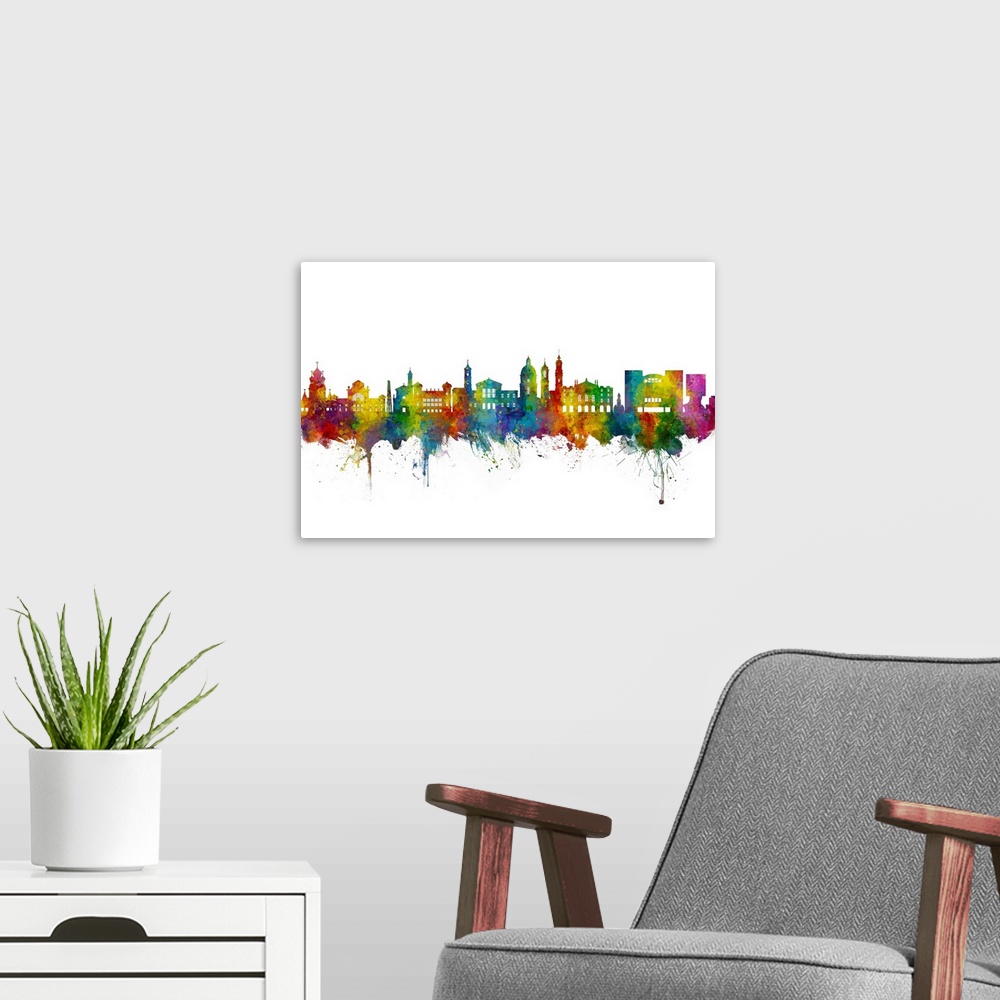 A modern room featuring Watercolor art print of the skyline of Nice, France