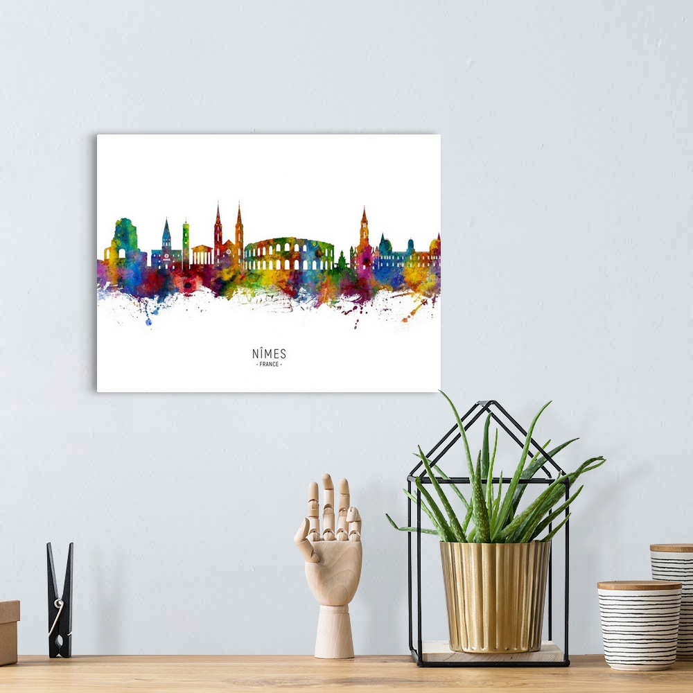 A bohemian room featuring Watercolor art print of the skyline of Nimes, France