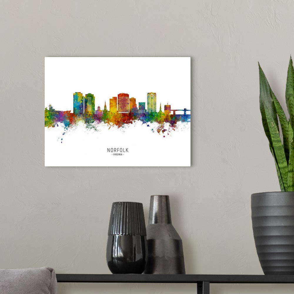 A modern room featuring Watercolor art print of the skyline of Norfolk, Virginia