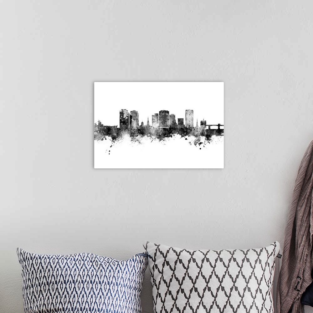 A bohemian room featuring Watercolor art print of the skyline of Norfolk, Virginia
