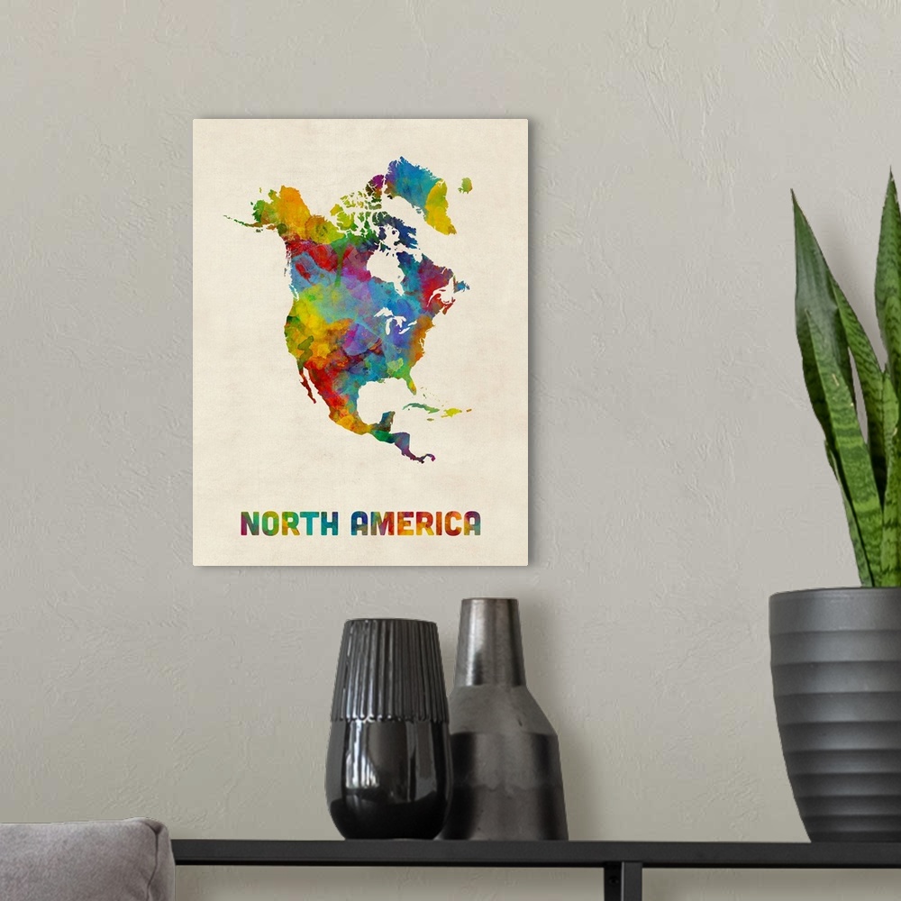 A modern room featuring A watercolor map of the continent of North America.
