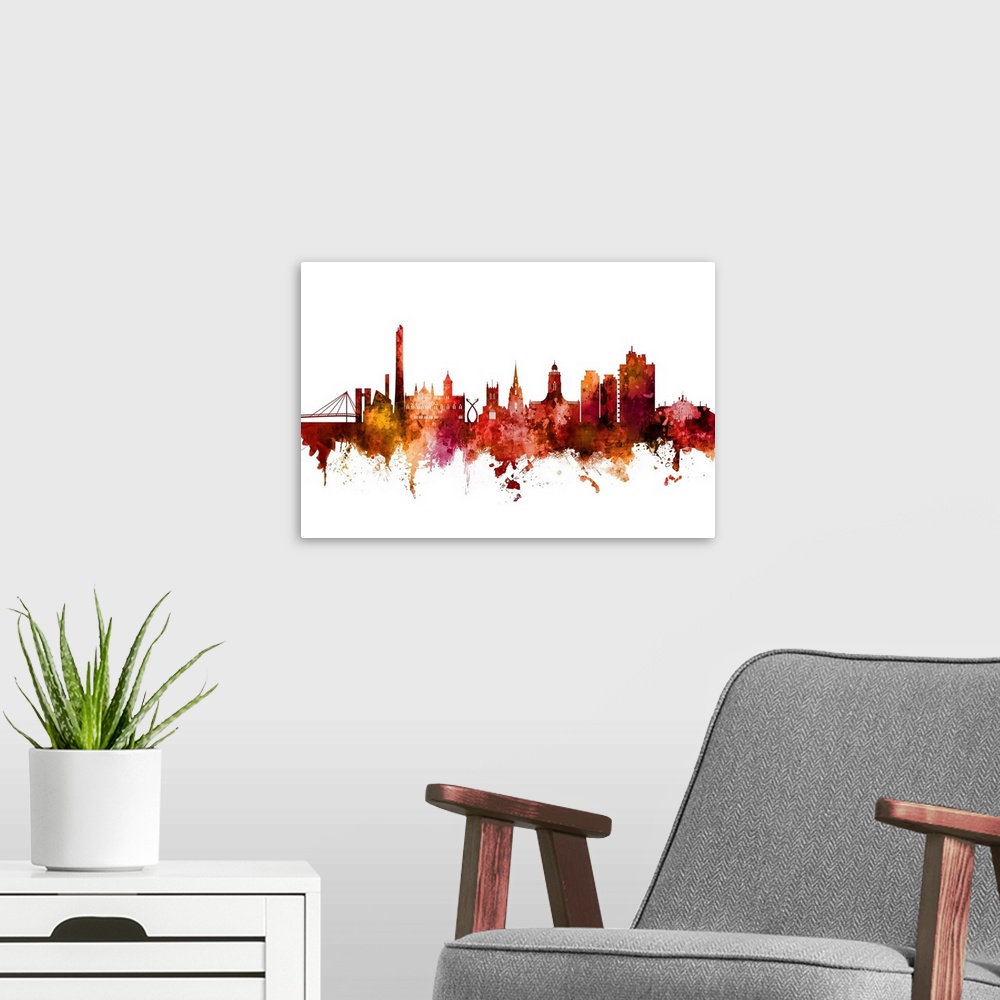 A modern room featuring Watercolor art print of the skyline of Northampton, England, United Kingdom.