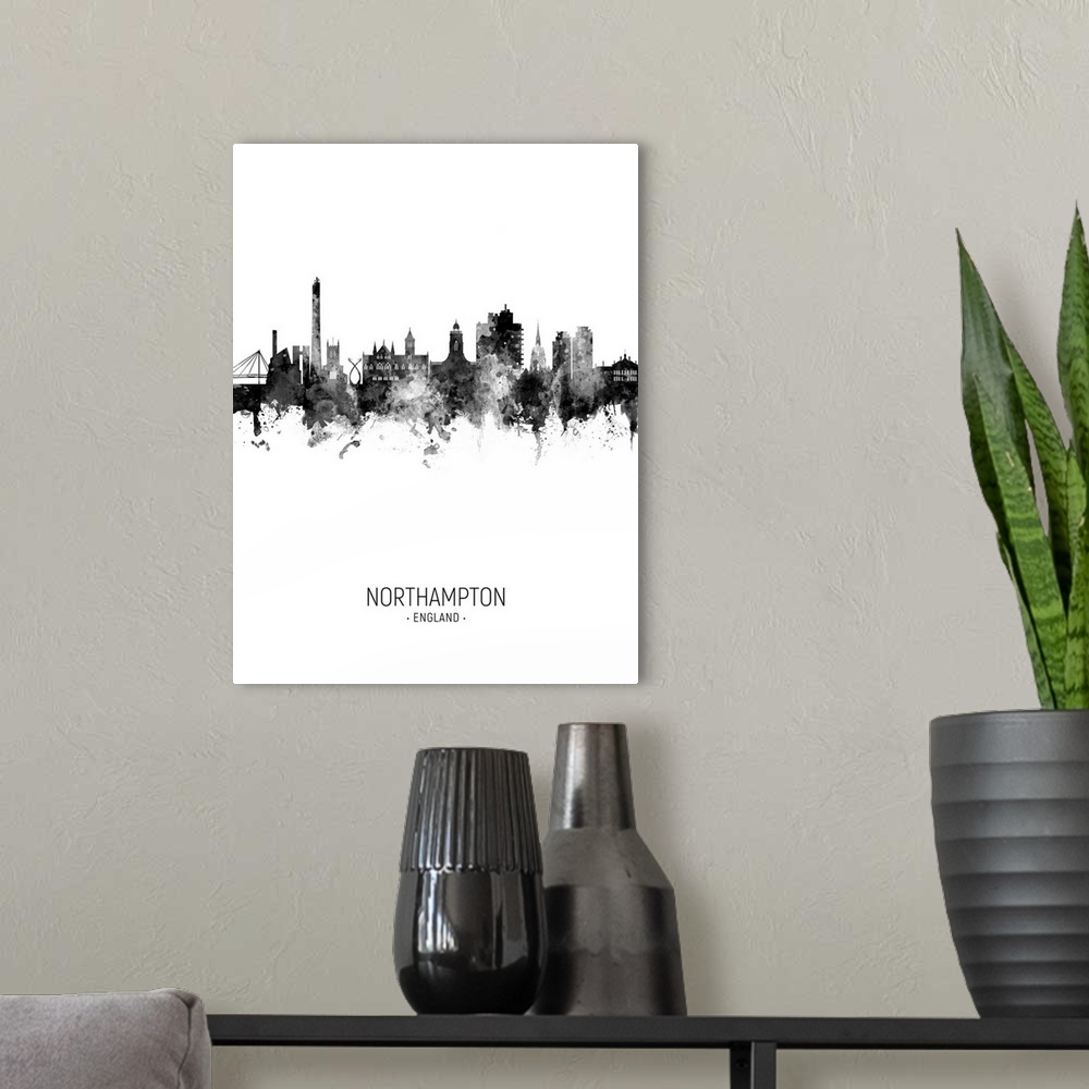 A modern room featuring Watercolor art print of the skyline of Northampton, England, United Kingdom