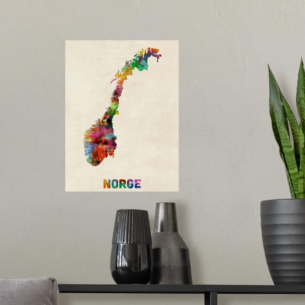 A modern room featuring Norway Watercolor Map