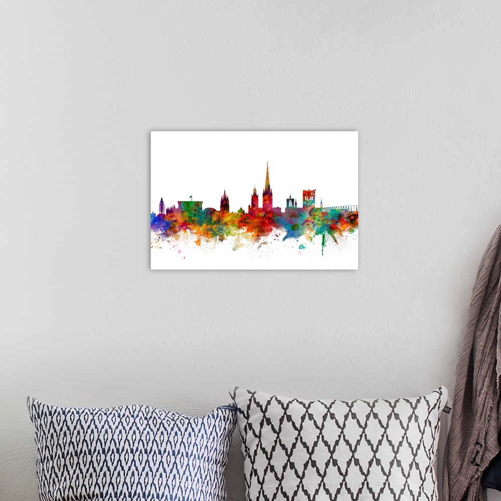 A bohemian room featuring Watercolor artwork of the Norwich skyline against a white background.