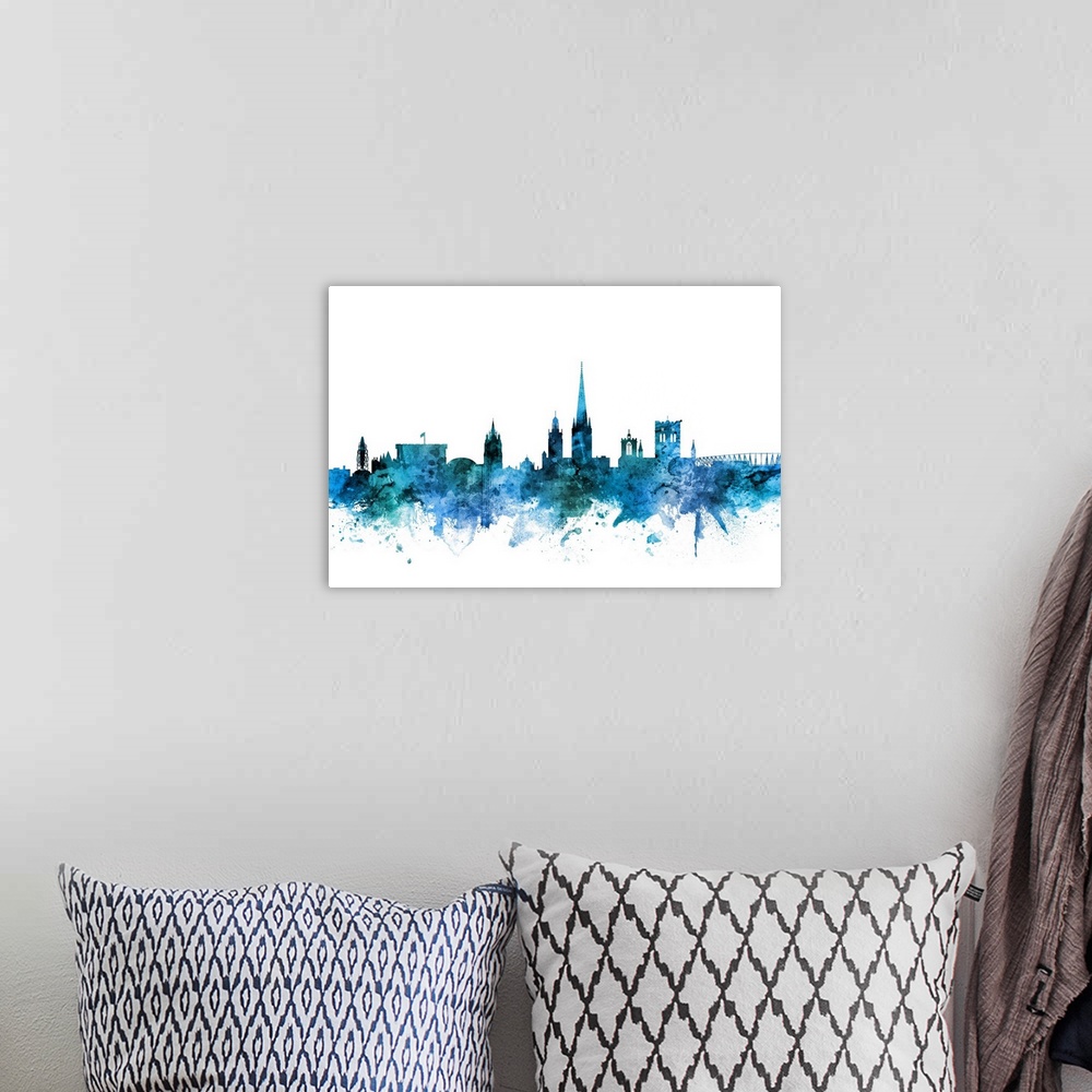 A bohemian room featuring Watercolor art print of the skyline of Norwich, Norfolk, England, United Kingdom.