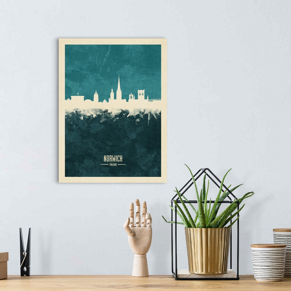 A bohemian room featuring Watercolor art print of the skyline of Norwich, Norfolk, England, United Kingdom
