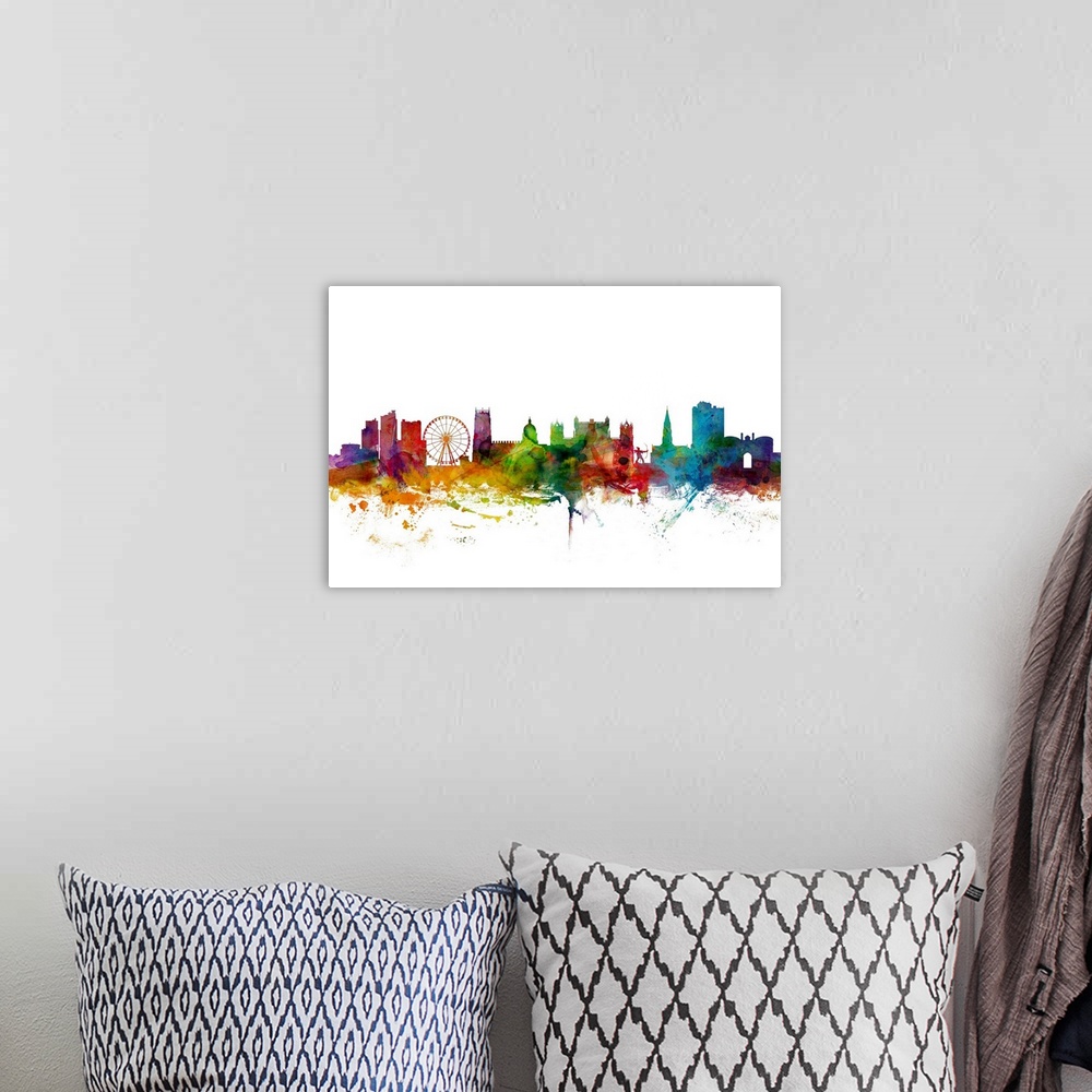 A bohemian room featuring Contemporary piece of artwork of the Nottingham skyline made of colorful paint splashes.