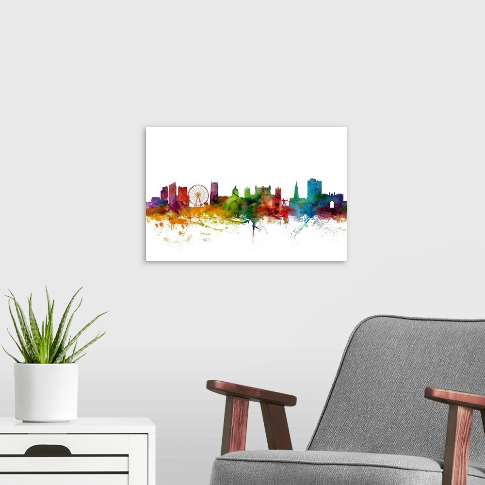 A modern room featuring Contemporary piece of artwork of the Nottingham skyline made of colorful paint splashes.
