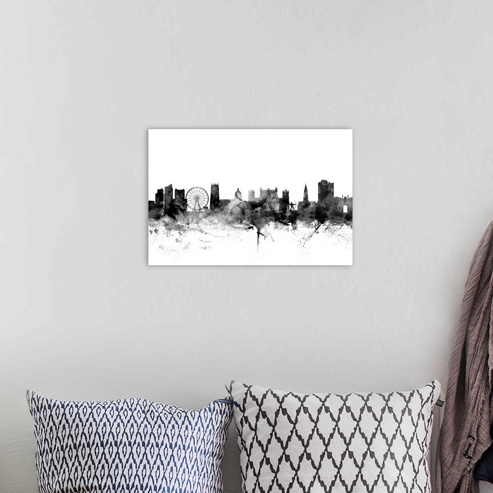 A bohemian room featuring Contemporary artwork of the Nottingham city skyline in black watercolor paint splashes.
