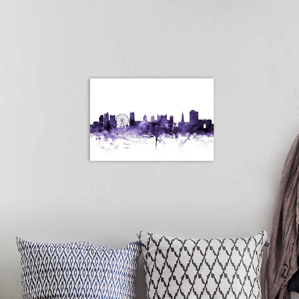 A bohemian room featuring Watercolor art print of the skyline of Nottingham, England, United Kingdom
