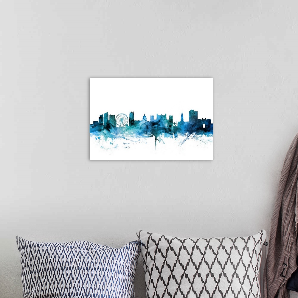 A bohemian room featuring Watercolor art print of the skyline of Nottingham, England, United Kingdom.