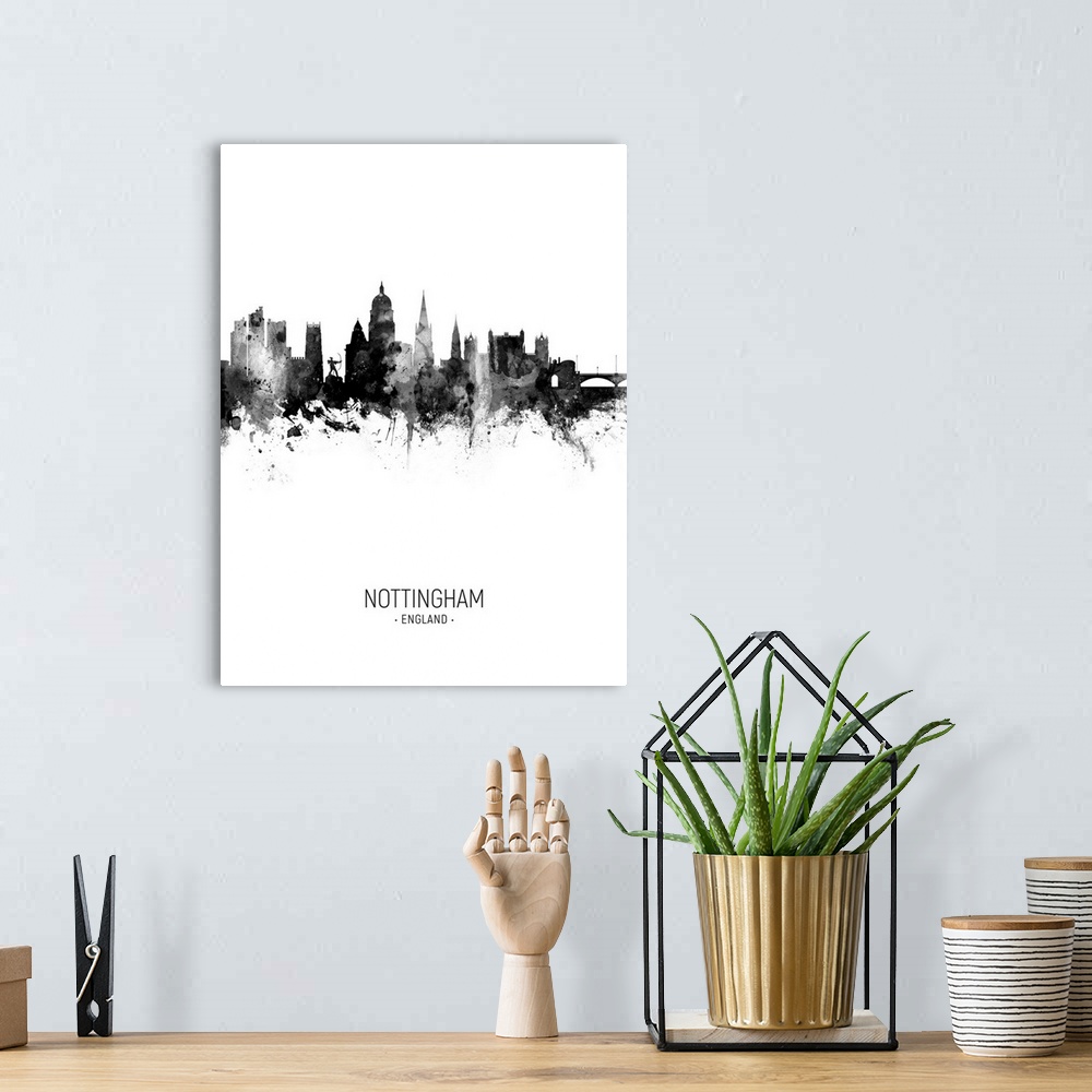 A bohemian room featuring Watercolor art print of the skyline of Nottingham, England, United Kingdom