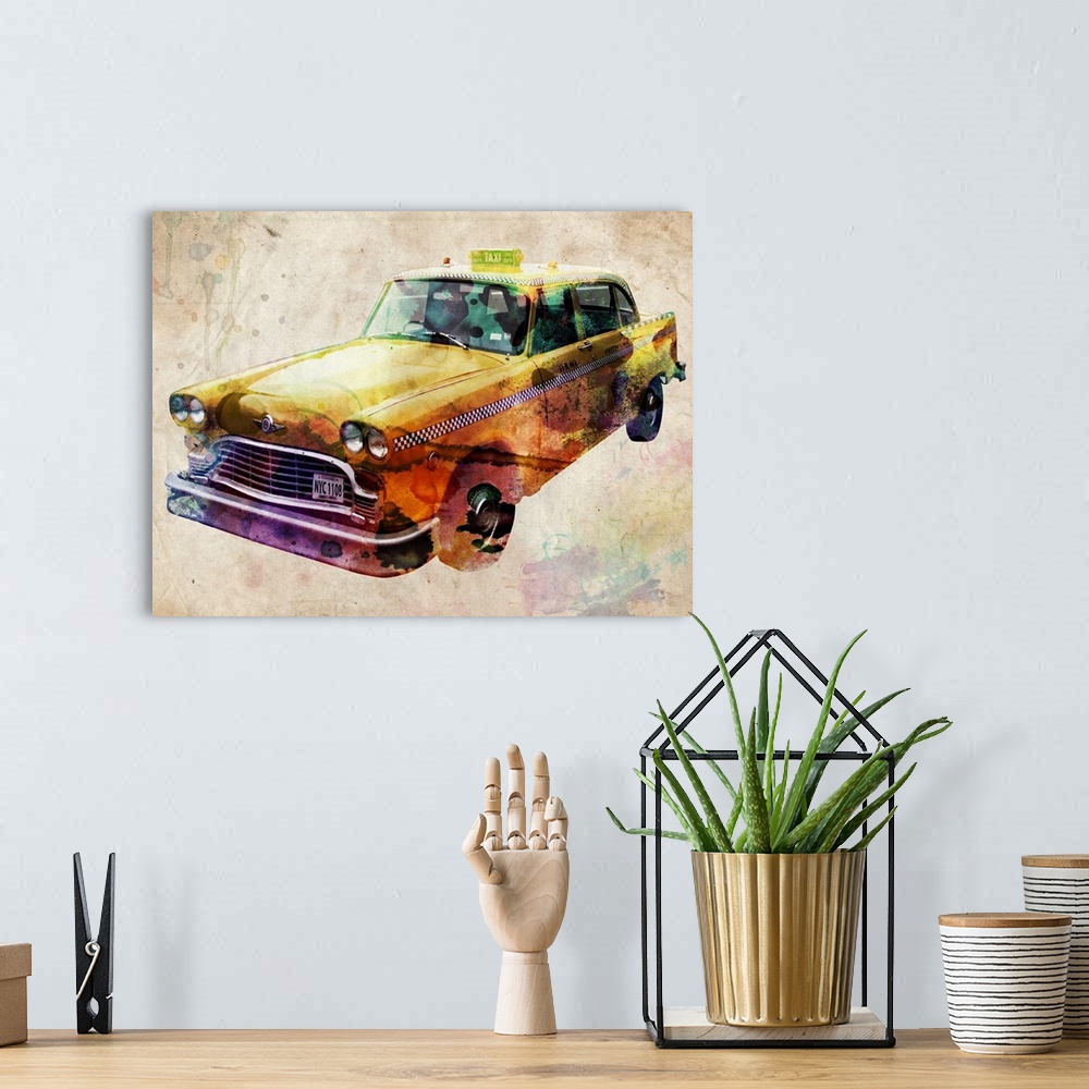 A bohemian room featuring New York City Classic Yellow Taxi Cab, urban watercolor / mixed media