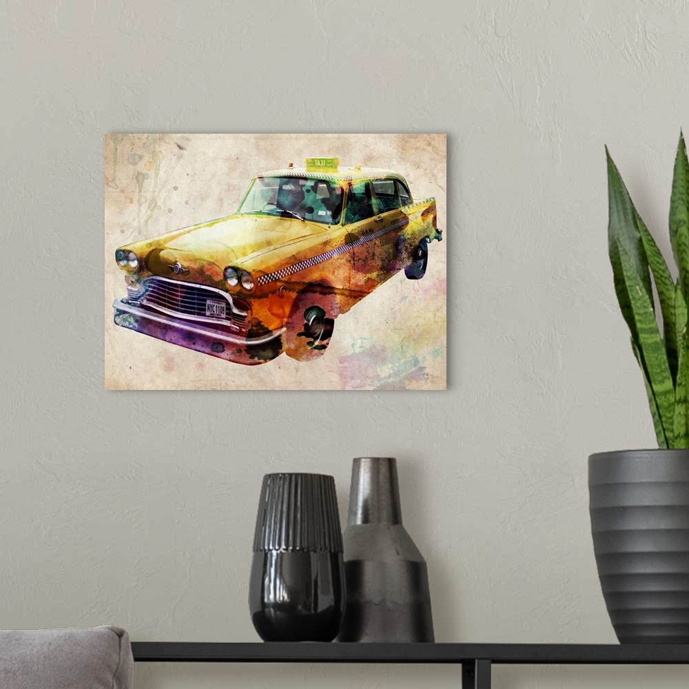 A modern room featuring New York City Classic Yellow Taxi Cab, urban watercolor / mixed media